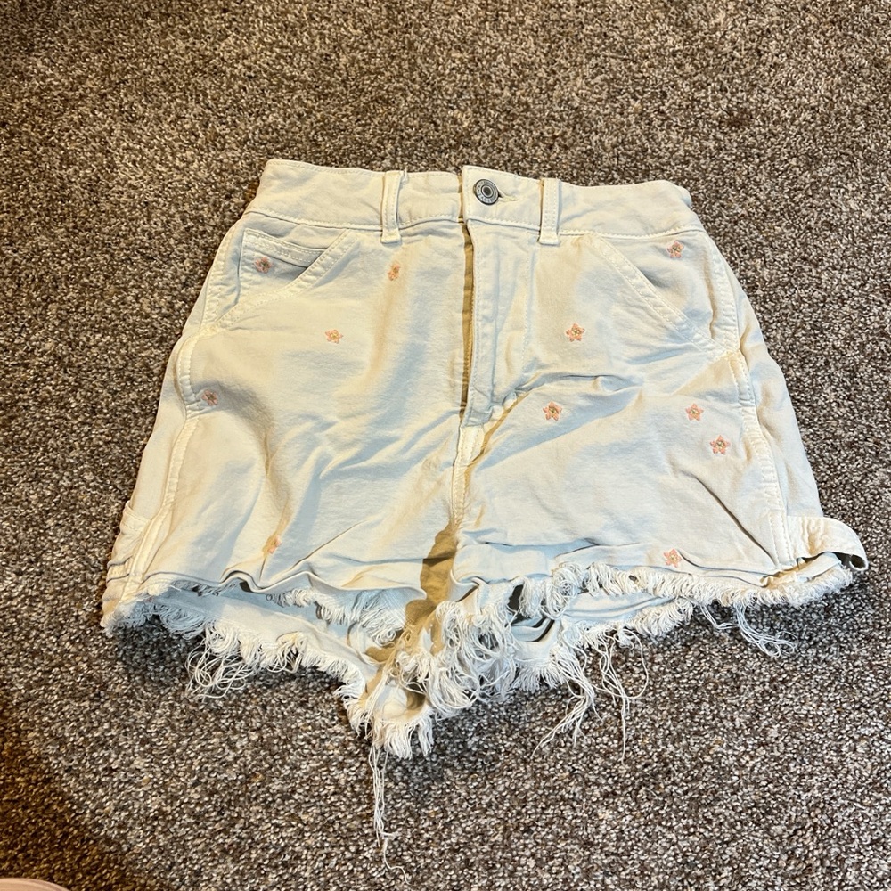 American Eagle Outfitters Cream Frayed High Waist Shorts